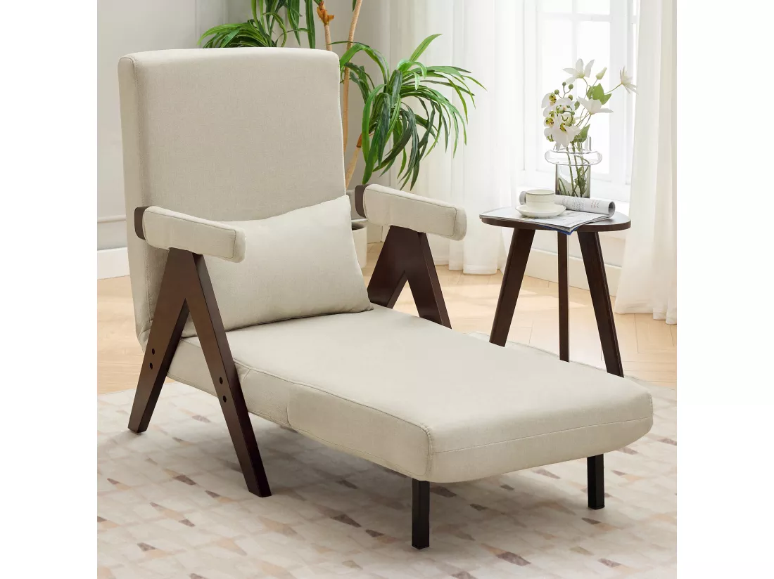 Fauteuil convertible 3 en 1, Canapé-lit pliant - 64 x 68.5 x 93 cm - Tissu en lin - avec fonction couchage Beige + noyer