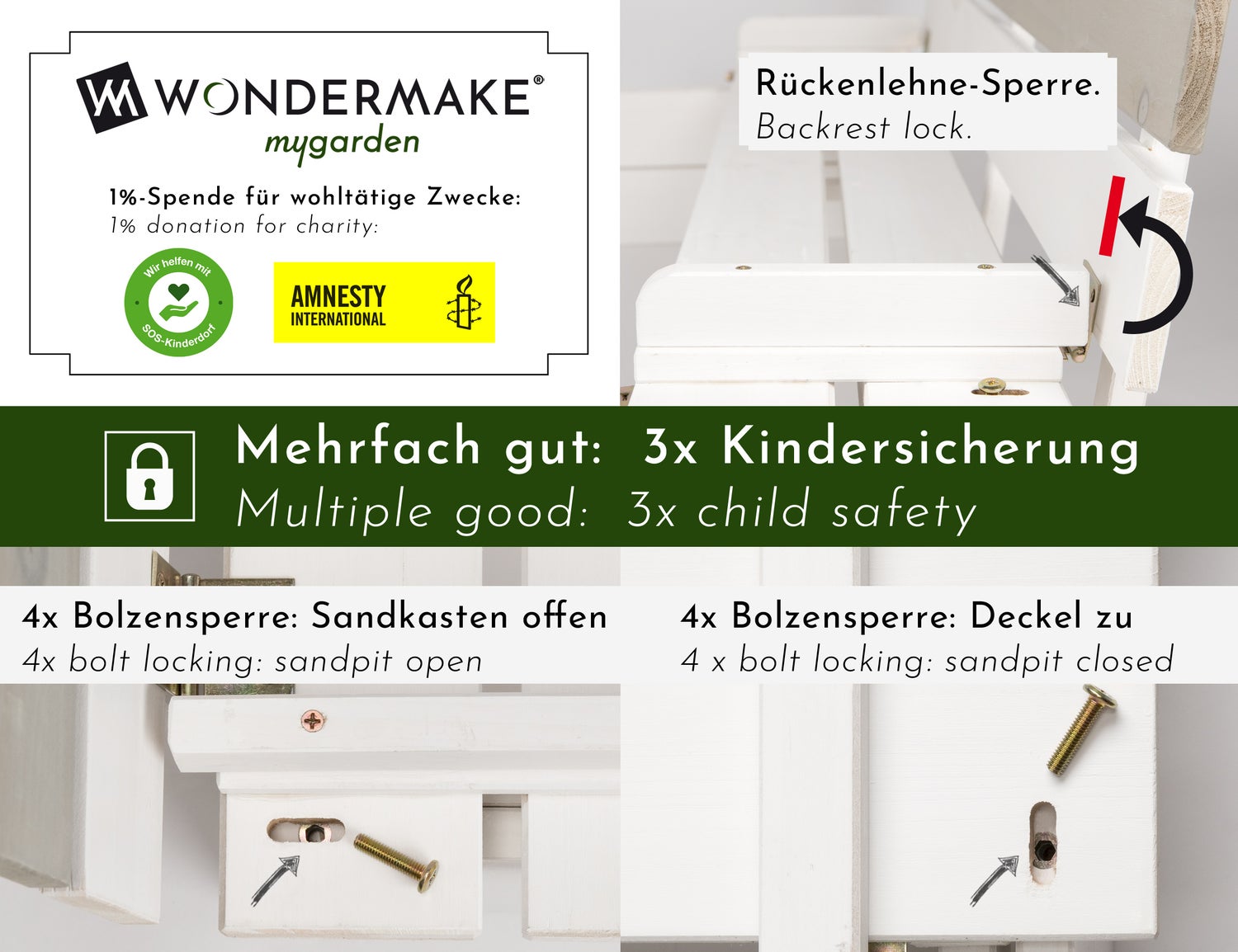 WONDERMAKE - Designer zandbak met deksel, bankje en bodem, vierkante houten zandbak met bankje, buitentuin voor kinderen, dennenhout, wit, grijs, zilver