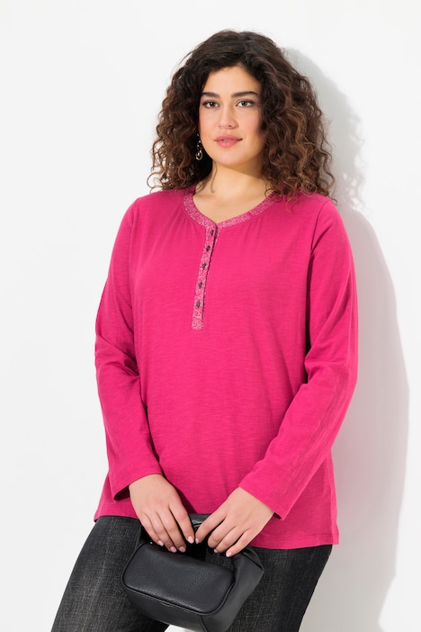 Shirt, Glitzer-Knopfleiste, V-Ausschnitt, Langarm