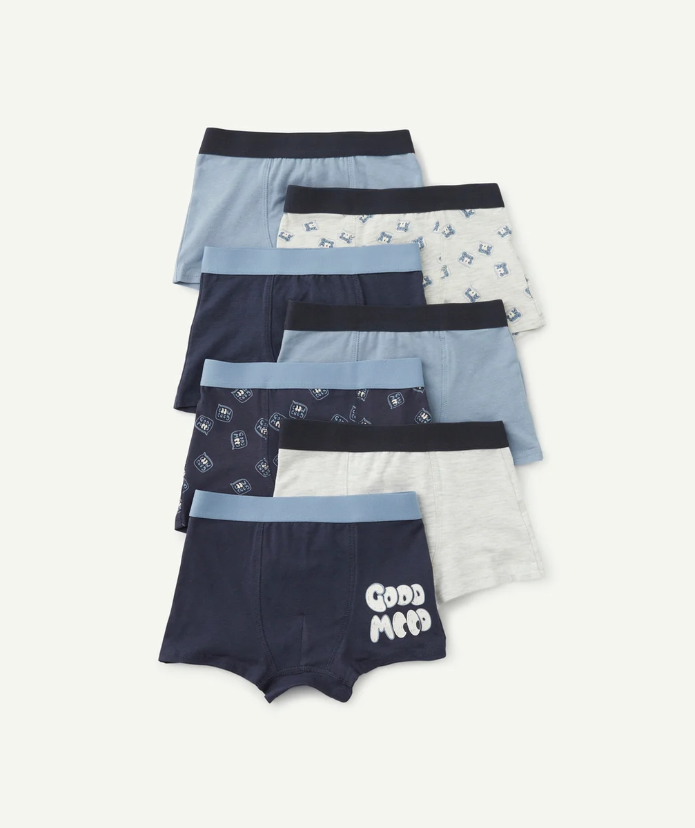 LOT DE 7 BOXERS GARÇON EN COTON BIO BLEUS IMPRIMÉS ET UNIS