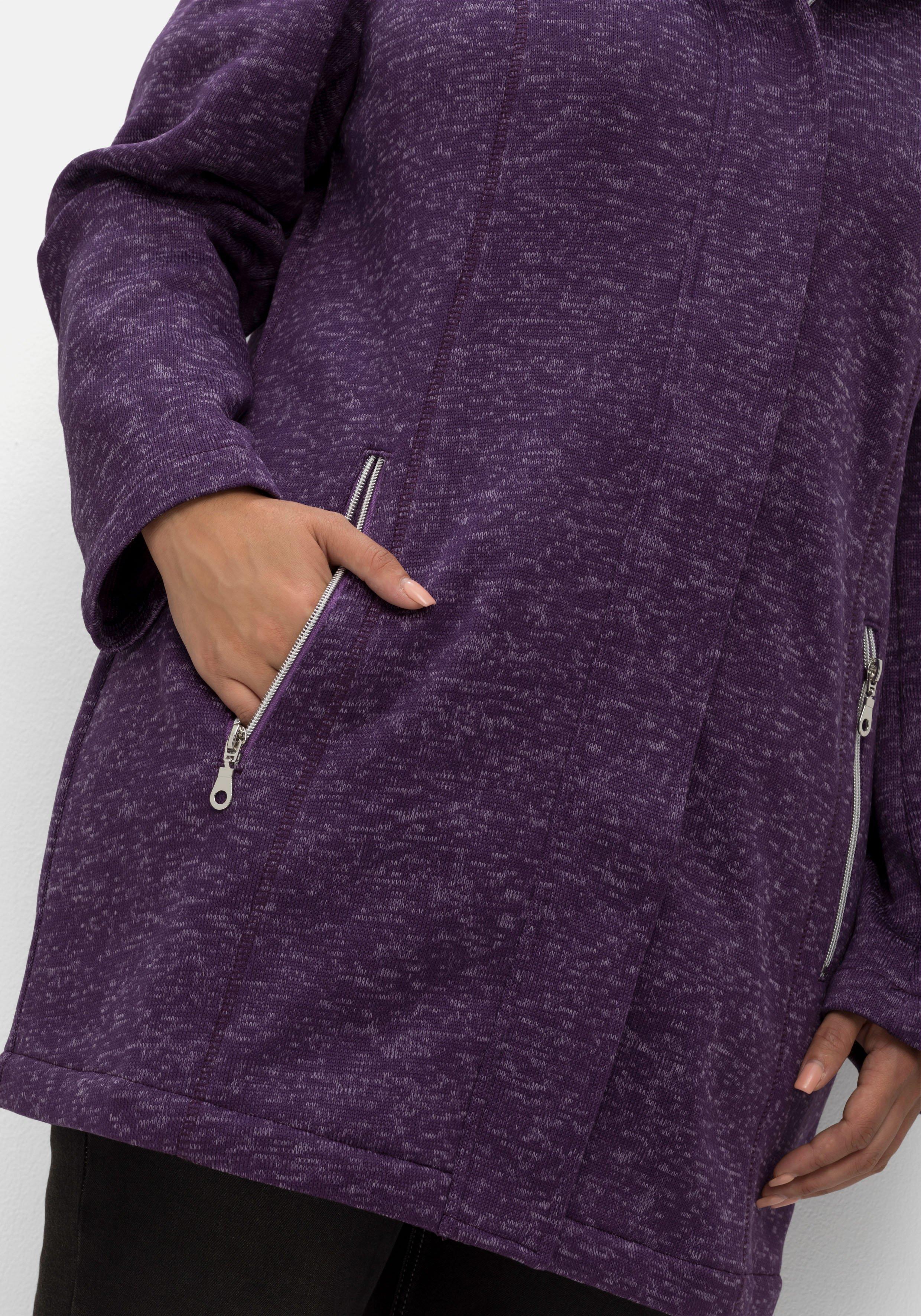 Lange melierte Strickfleecejacke mit Kapuze