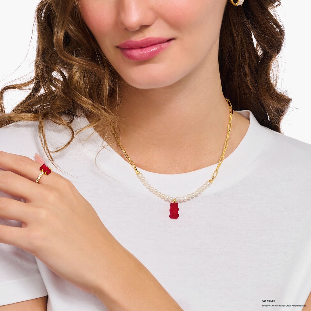 Thomas Sabo x HARIBO Gliederkette mit rotem Goldbären-Anhänger und Perlen vergoldet