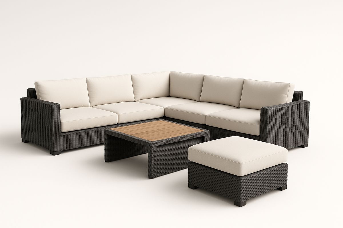 Ecksofa-Set Aluminiumgestell mit Rattan Beige Creme Polster inkl. Tisch und Ottomane