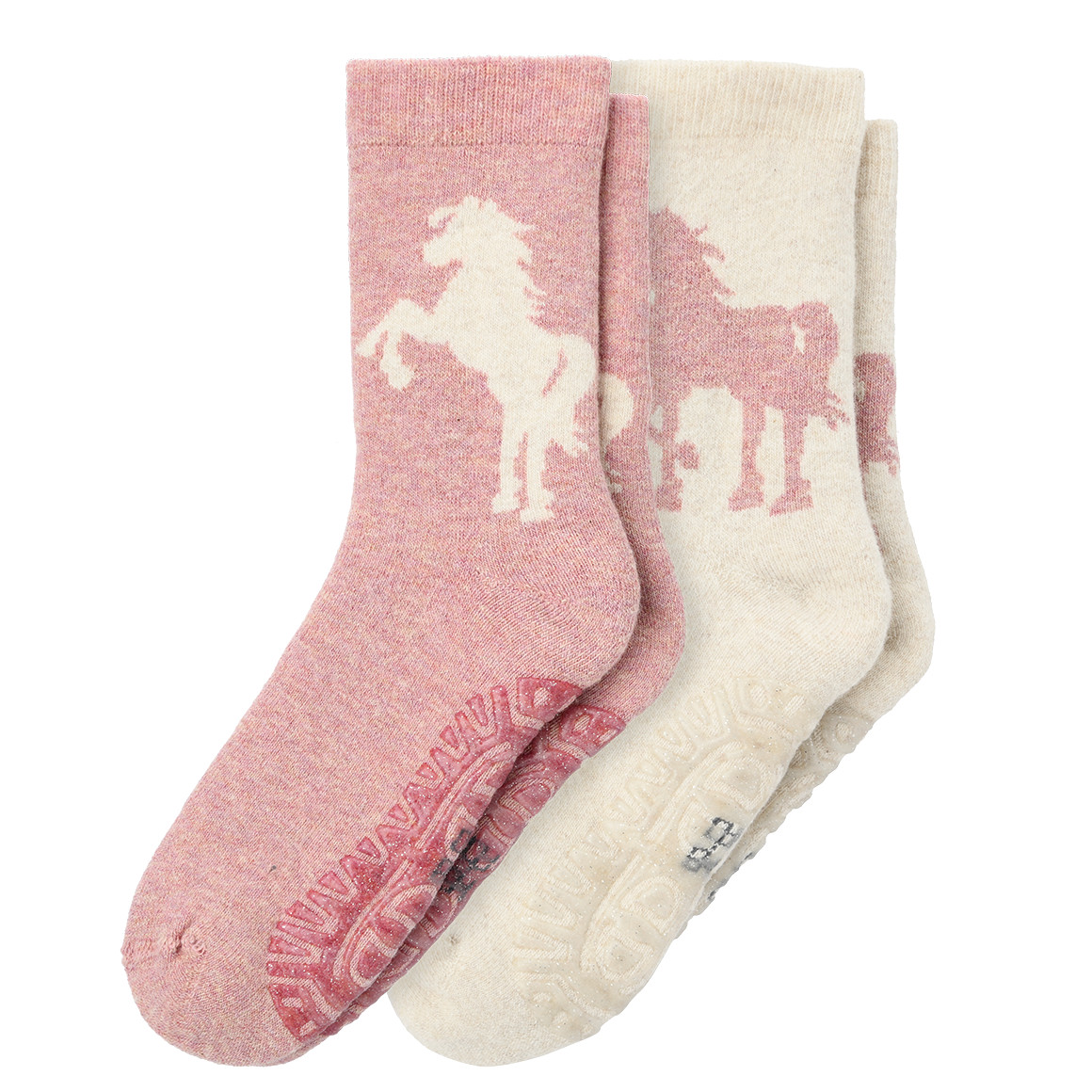 Topolino 2 Paar Mädchen Stoppersocken mit Pferde-Motiv rosa / creme