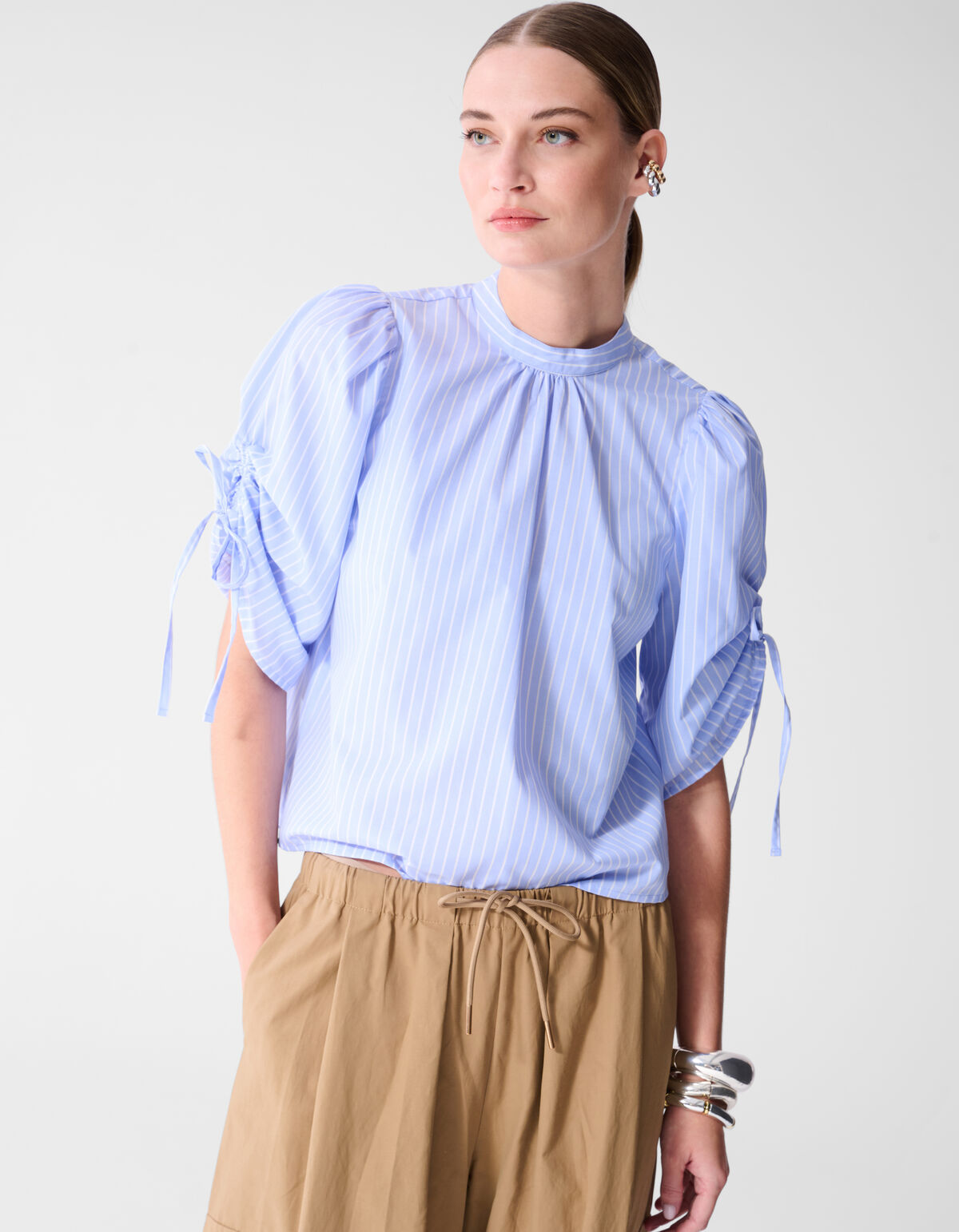 Pinstripe Cord Sleeve Blouse Lichtblauw