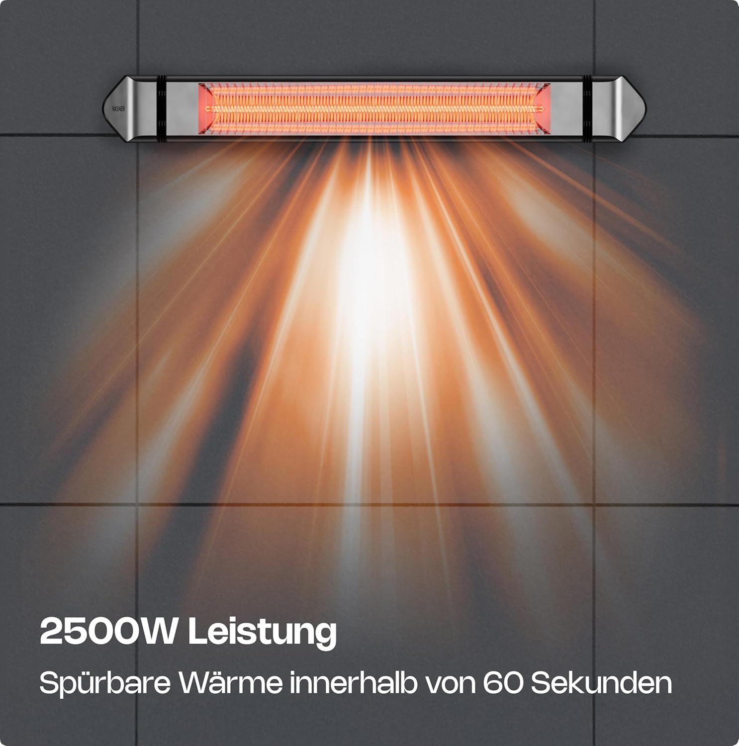 VASNER Teras 25 Basix – Elektrischer Terrassenstrahler mit 1 Heizstufe, 2500 Watt, Infrarot Heizstrahler für Outdoor, Infrarotstrahler Gastro/Terrasse, extern steuerbar (Schwarz)