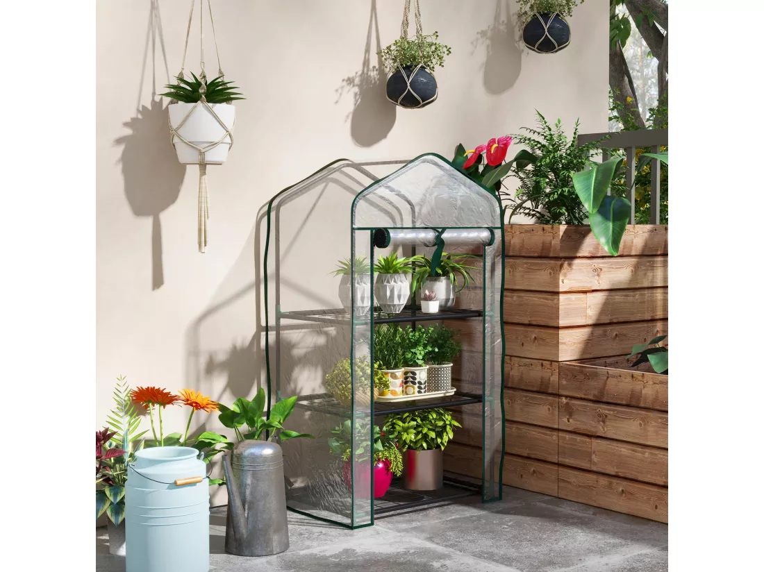 Serre de jardin balcon 3 niveaux métal thermolaqué vert PE transparent