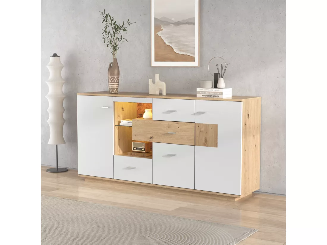 Buffet LED 160x40x77cm, armoire avec 2 portes, 4 tiroirs, étagère en verre, aspect bois meuble de salon armoire polyvalente - blanc