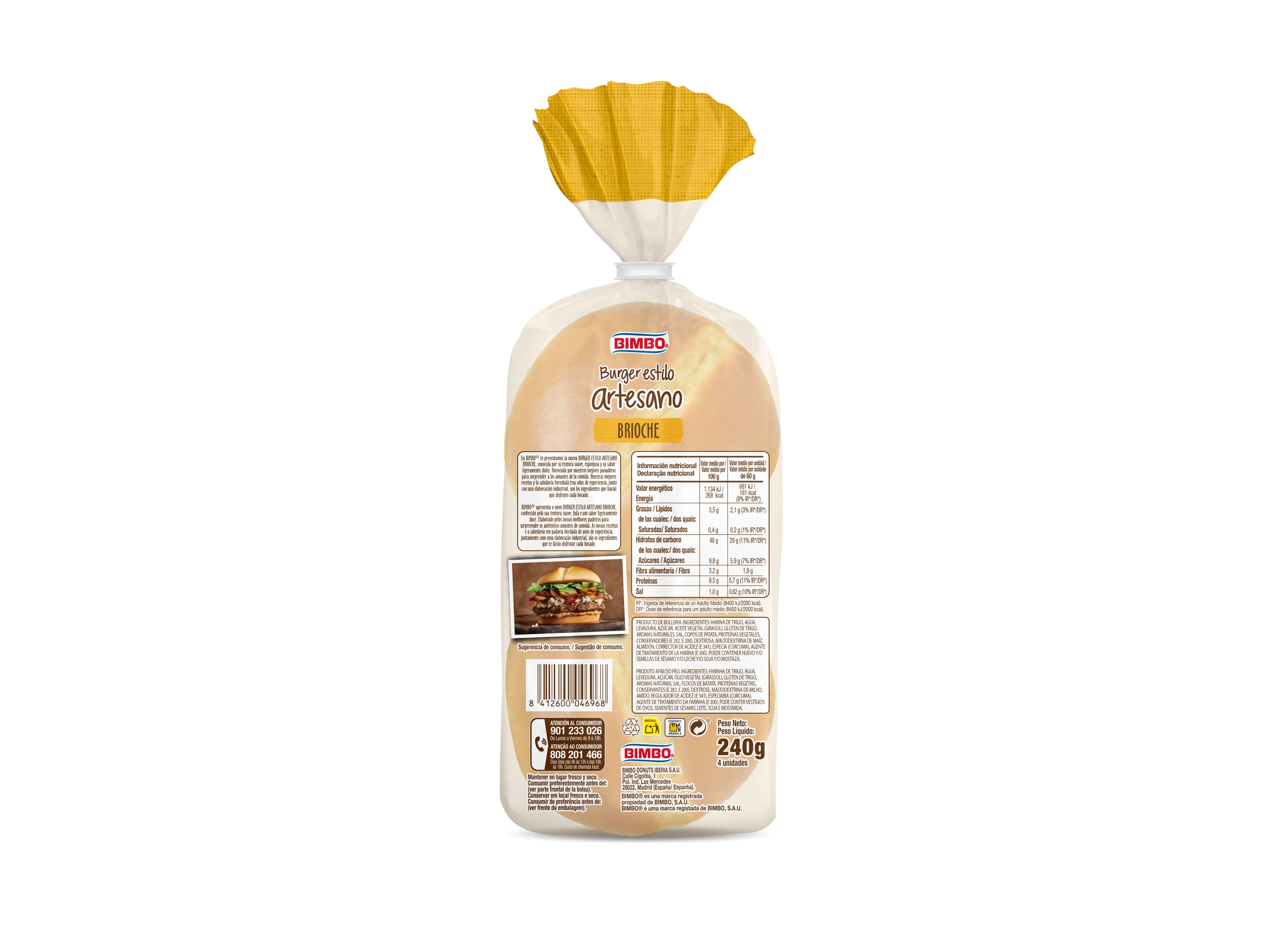 PÃO HAMBURGUER BIMBO ARTESANO BRIOCHE 240 G