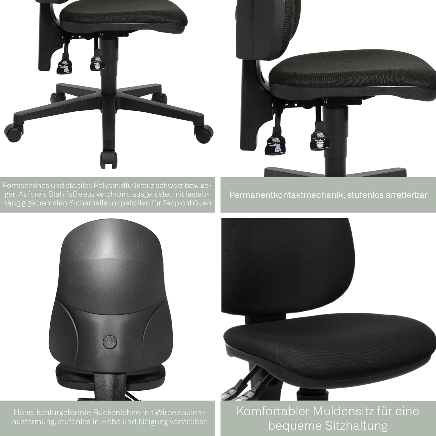 Topstar Point 60, Bürostuhl, Schreibtischstuhl, Stoff, Drehbar, schwarz, 44D x 45W x 113H cm