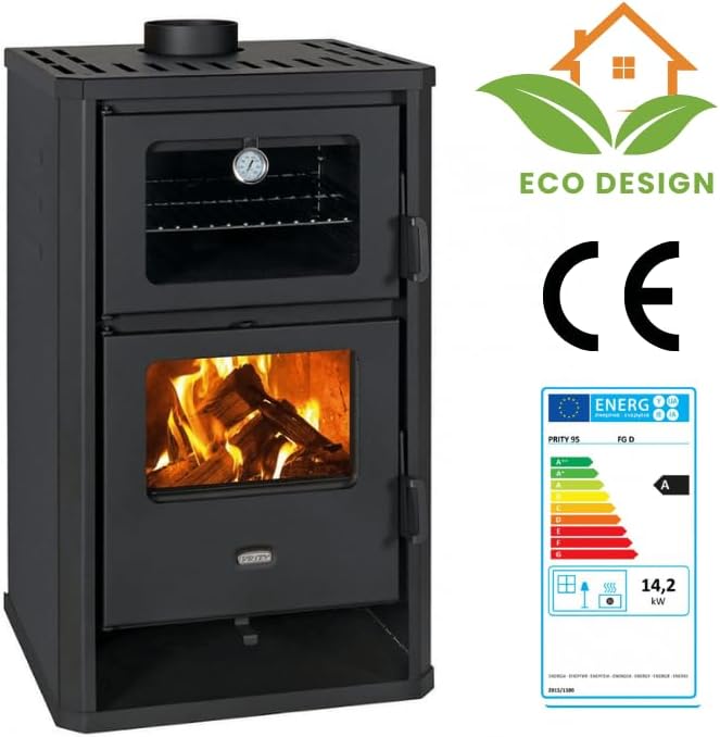 Prity FG D Kaminofen Holz 14,2 kW mit Backofen – Küchenofen Holzherd Festbrennstoffherd – Holzofen zum Kochen & Heizen – BImSchV Stufe 2 – Ø150 mm Rauchrohranschluss