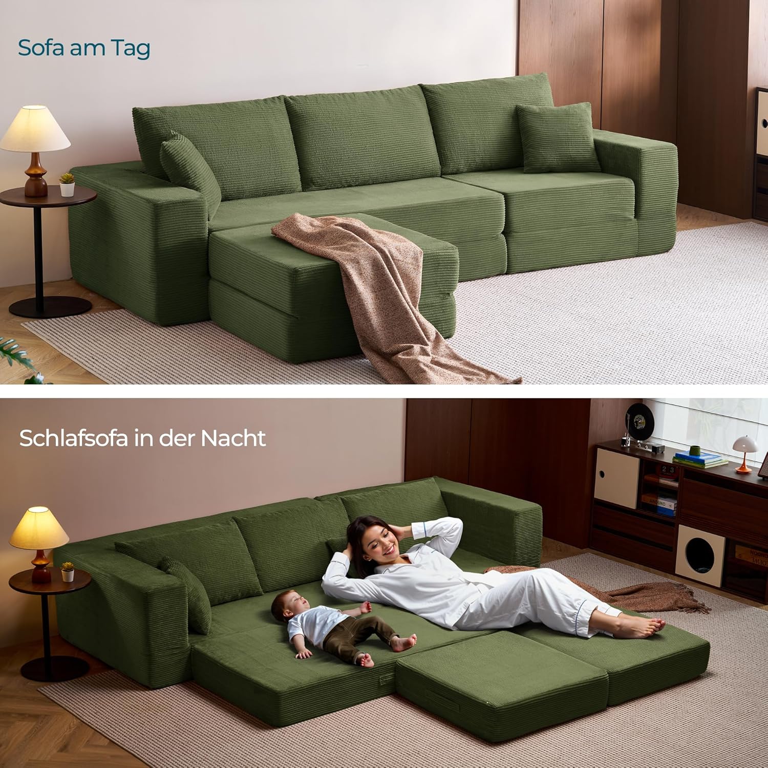 LINSY HOME Ecksofa mit Schlaffunktion - Bodensofa Bed mit Pillow Back Support Armrest - Schlafsofa Klappbar - Compressed Sofa in Box - Cord Stoff für Wohnzimmer Schlafzimmer (Grün)