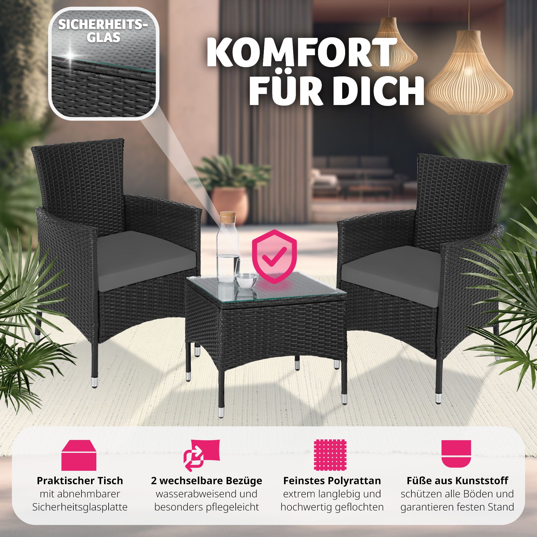 tectake® Rattanset, für 2 Personen, UV-beständig, 2 Bezugssets