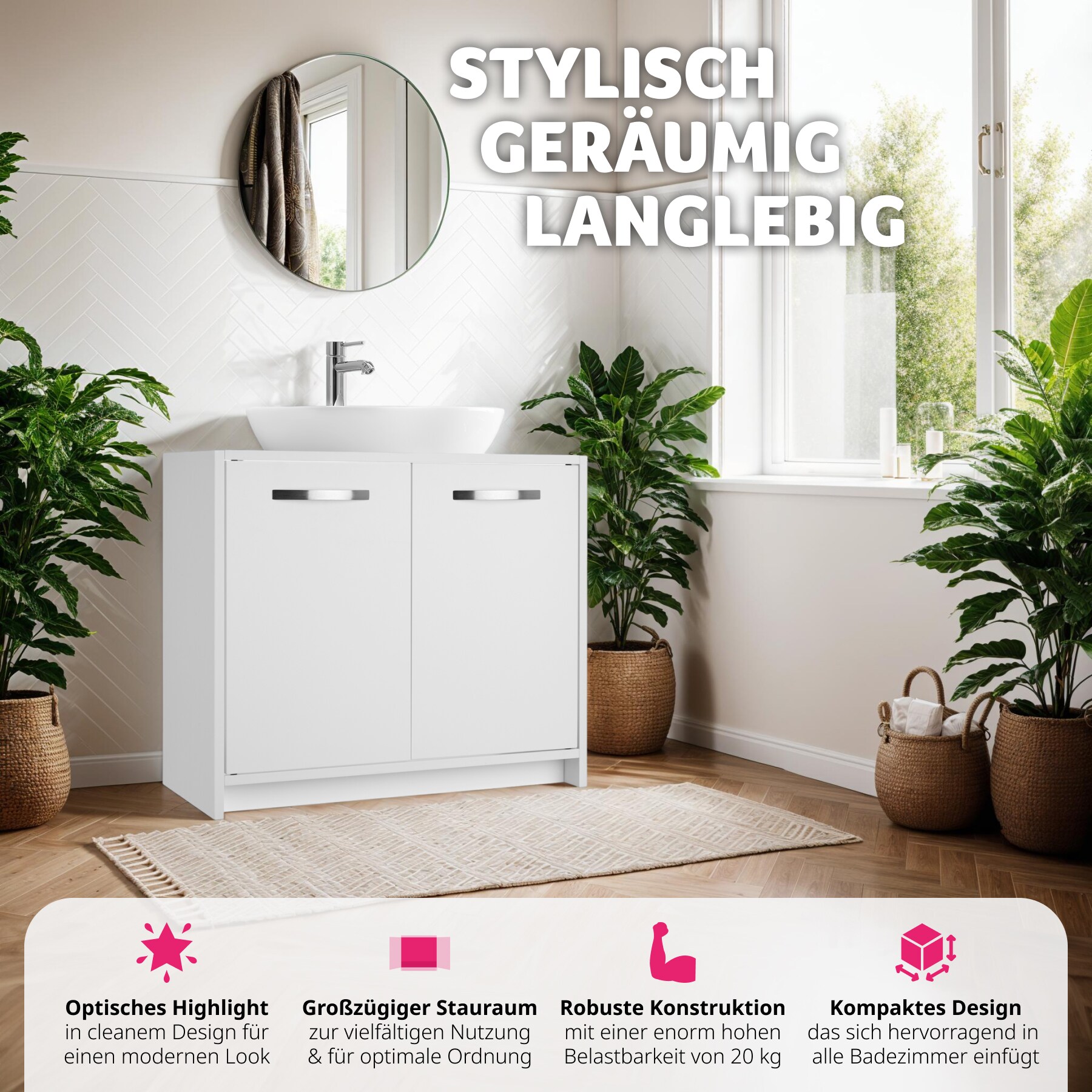 tectake® Waschbeckenunterschrank, großer Stauraum, 2 leichtgängige Flügeltüren, 63 x 31 x 55 cm