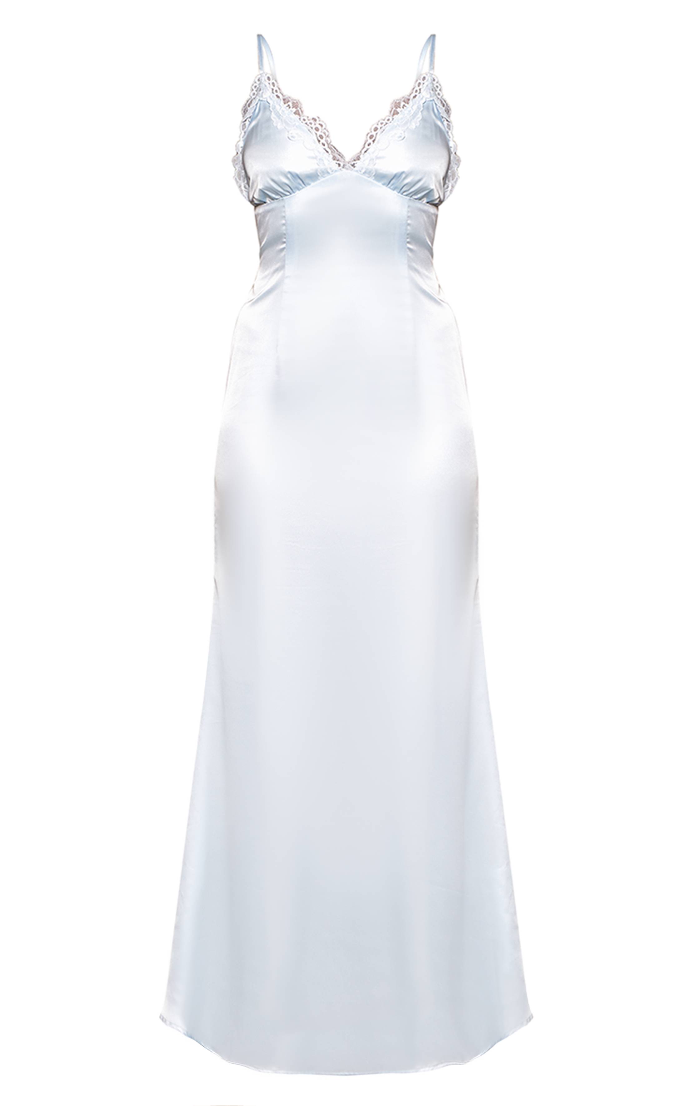 Bleu Ciel Robe Longue Nuisette Satinée À Pois Avec Bonnets En Dentelle