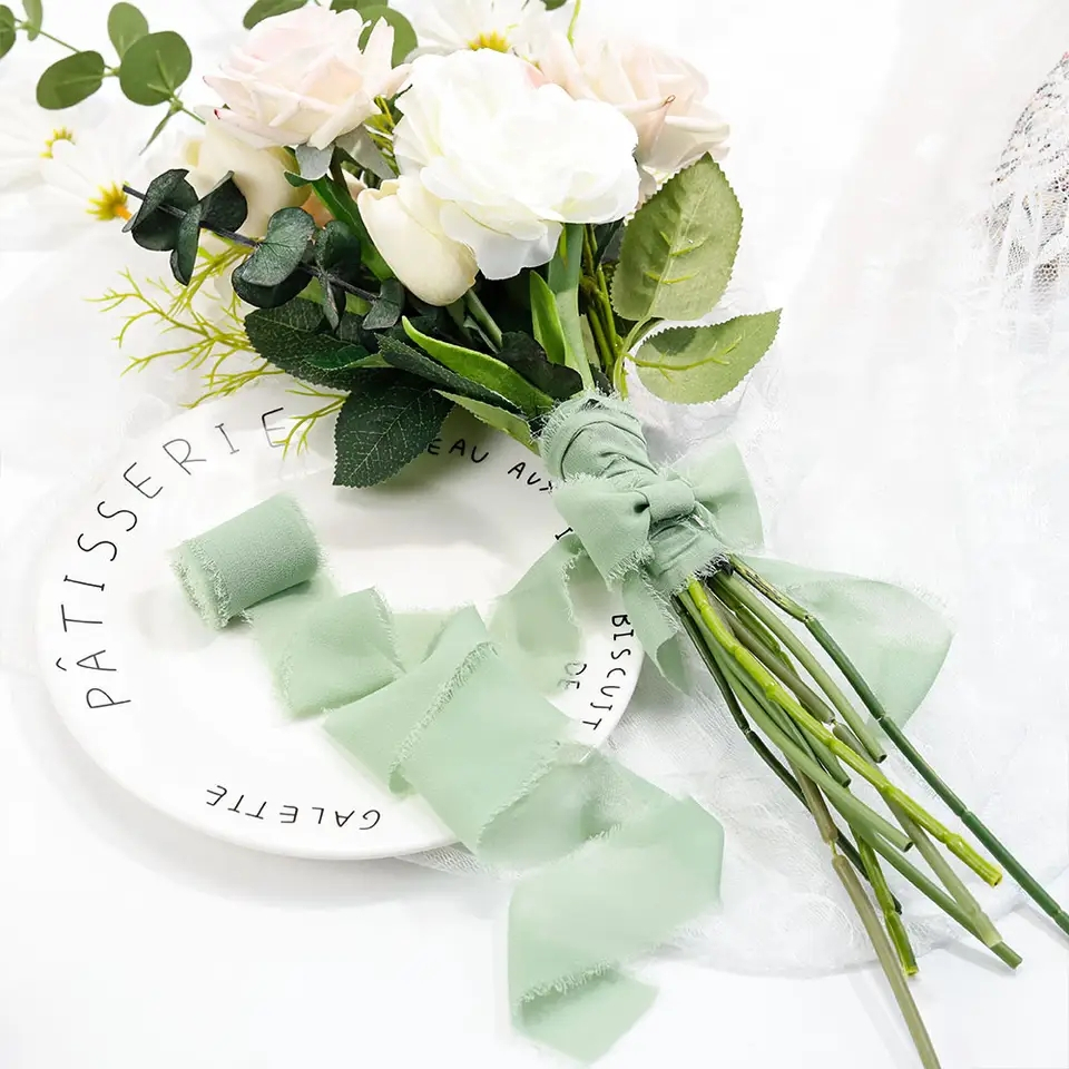(3er Set) 4cmx5m Chiffon Geschenkband DIY Maschen Deko Band für Geburtstage / Hochzeiten / Taufe - Grün / Weiss