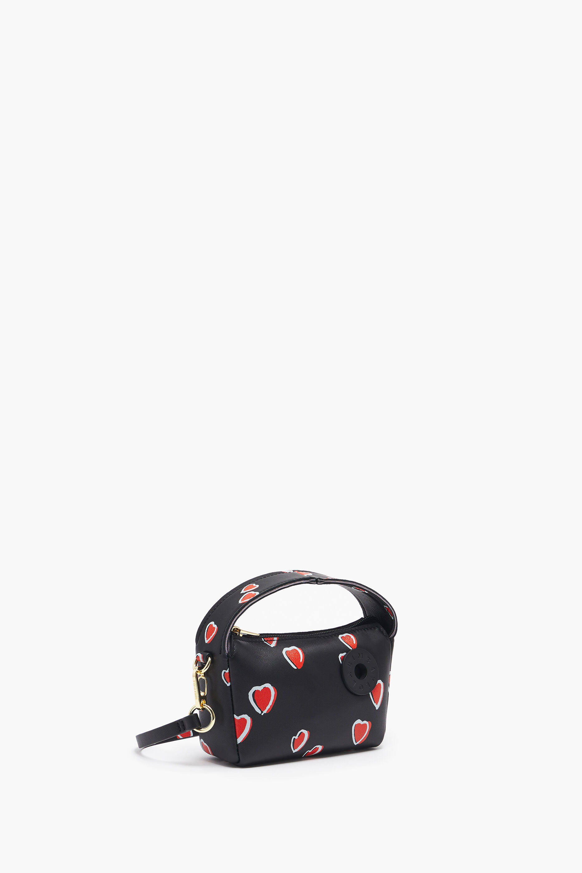 Bolsa hobo de couro tamanho XS com estampa de pequenos corações, preta.