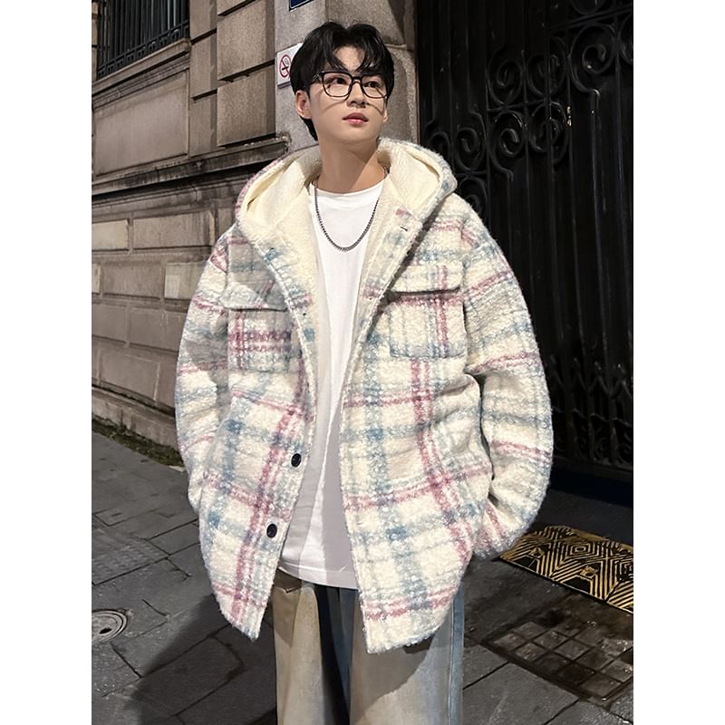 KimKlose - Oversized jas met capuchon en geruite knoopsluiting en verlaagde schouders