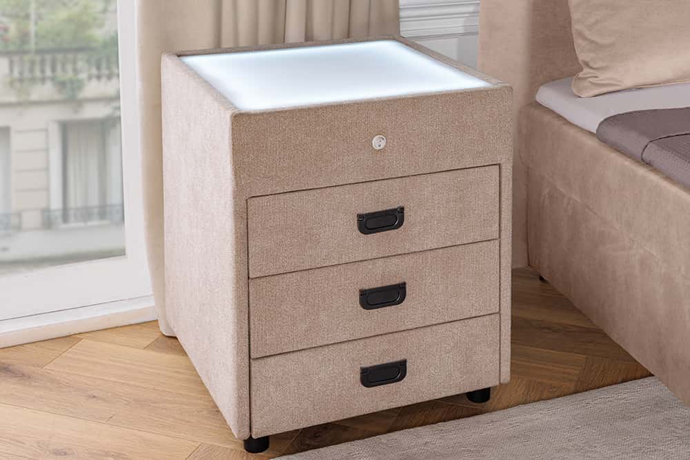 Quadratischer Nachttisch TOULOUSE 55cm beige Samt inkl. Beleuchtung und Schubladen