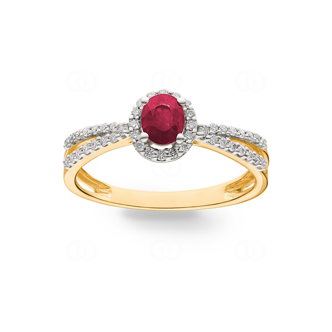 Damenring 750/18 K Gelbgold mit Rubin oval und Diamanten 0.19 ct H/si