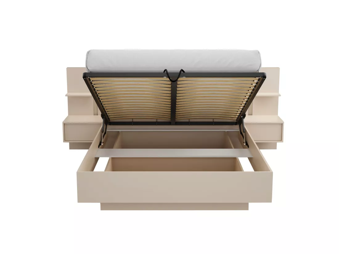 Lit coffre avec chevets 160 x 200 cm - Avec LEDs - Coloris : Beige - ELYNIA