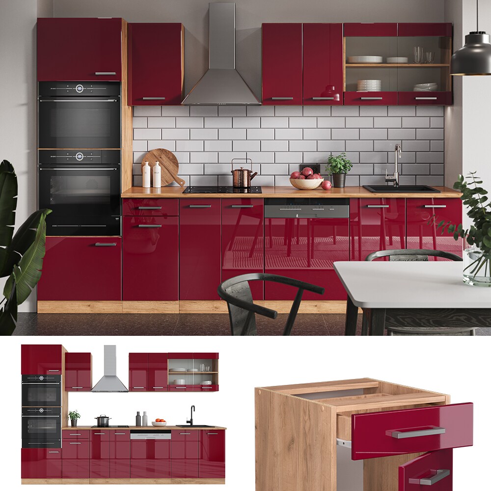 Vicco Küchenzeile Küchenblock Einbauküche R-Line 300cm Mikrowellenumbauschrank Bordeaux