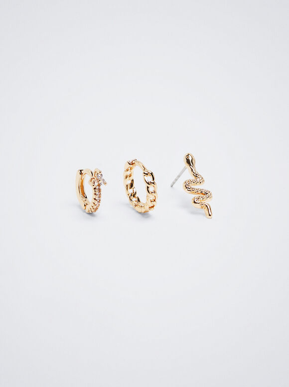 Conjunto de brincos de argola com design de cobra e zircônia cúbica - Multicor
