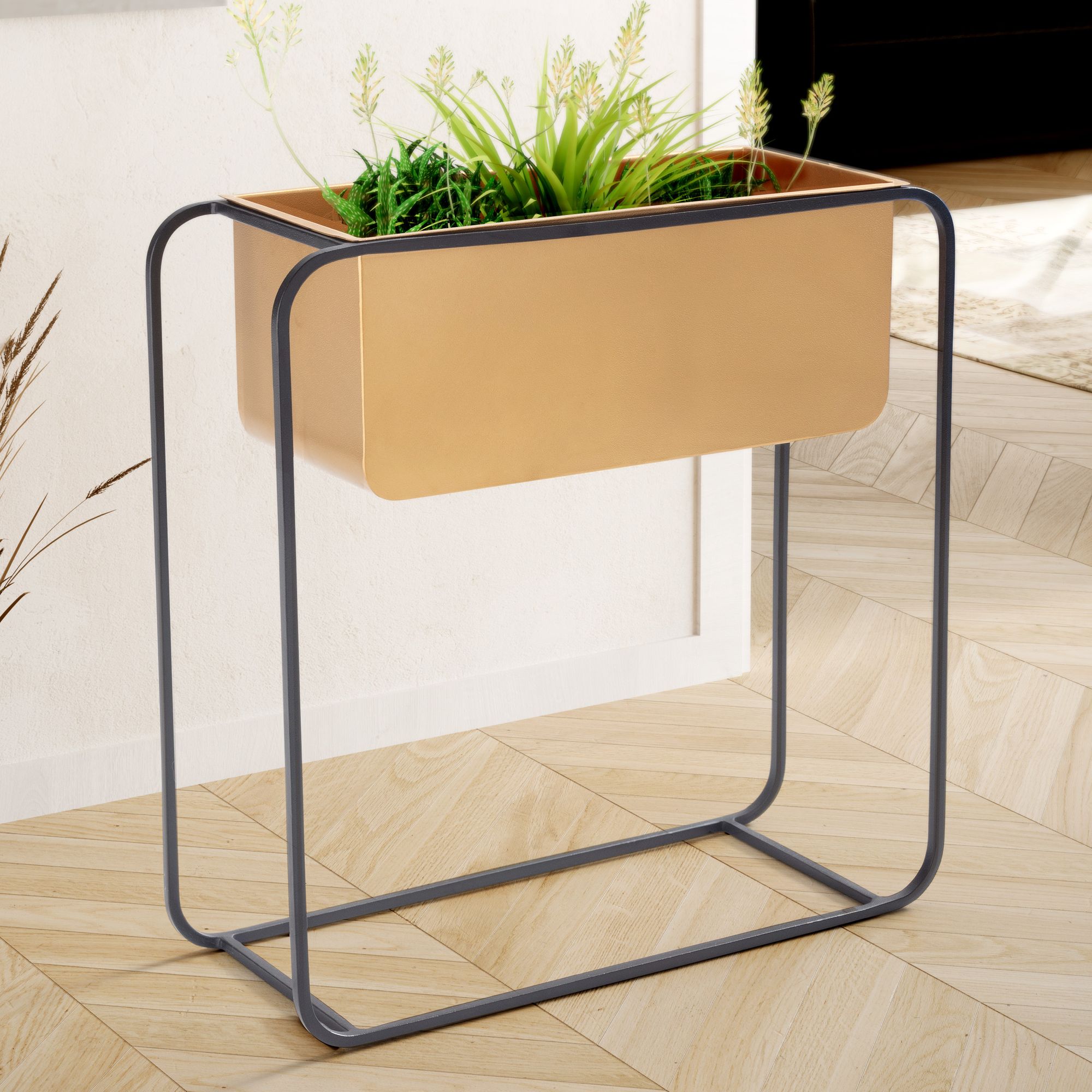 KADIMA DESIGN Moderner Blumenkübel 60x60x24 cm, Metall, Gold & Schwarz, Rechteckig