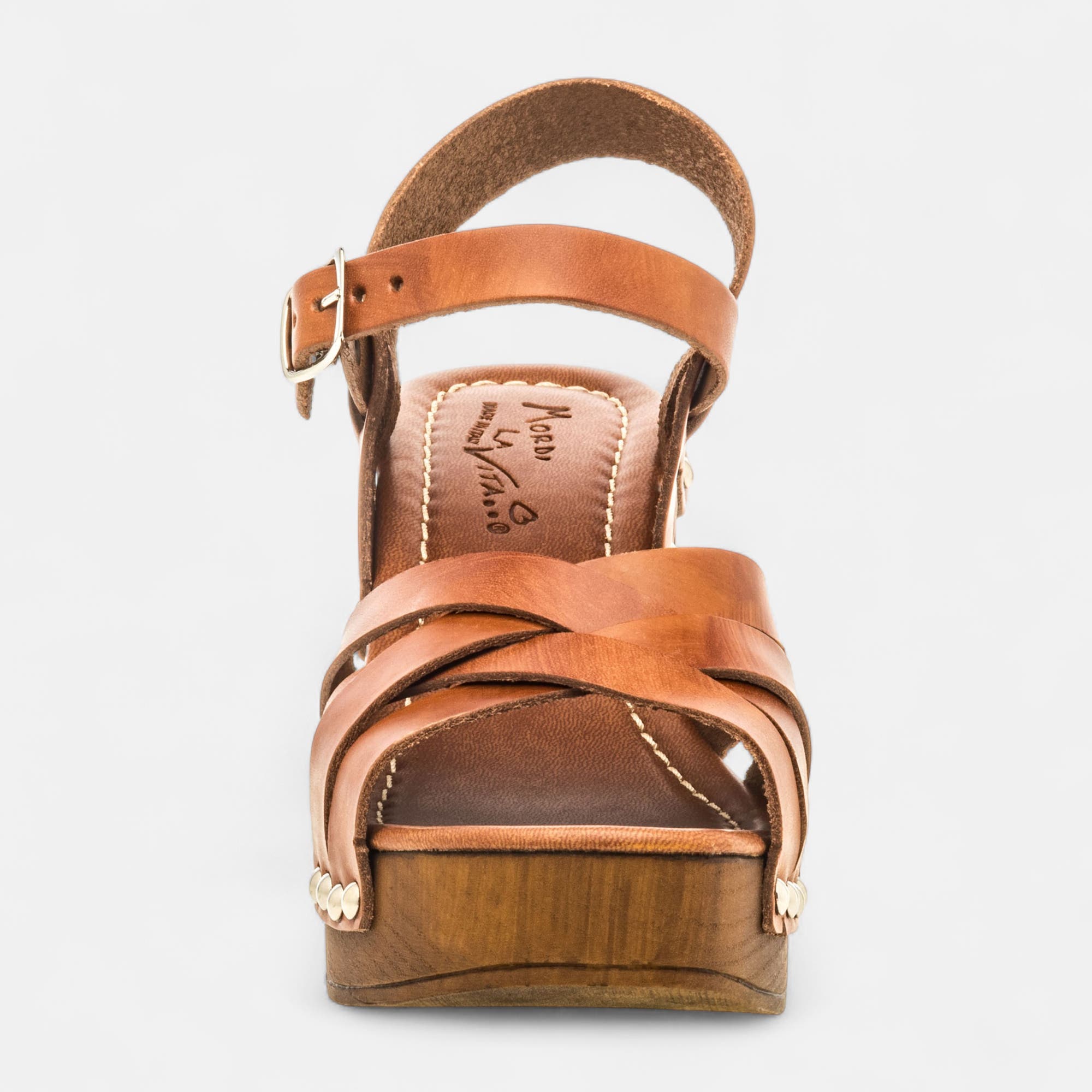 Chaussures semelle bois à talon Femme en cuir cognac