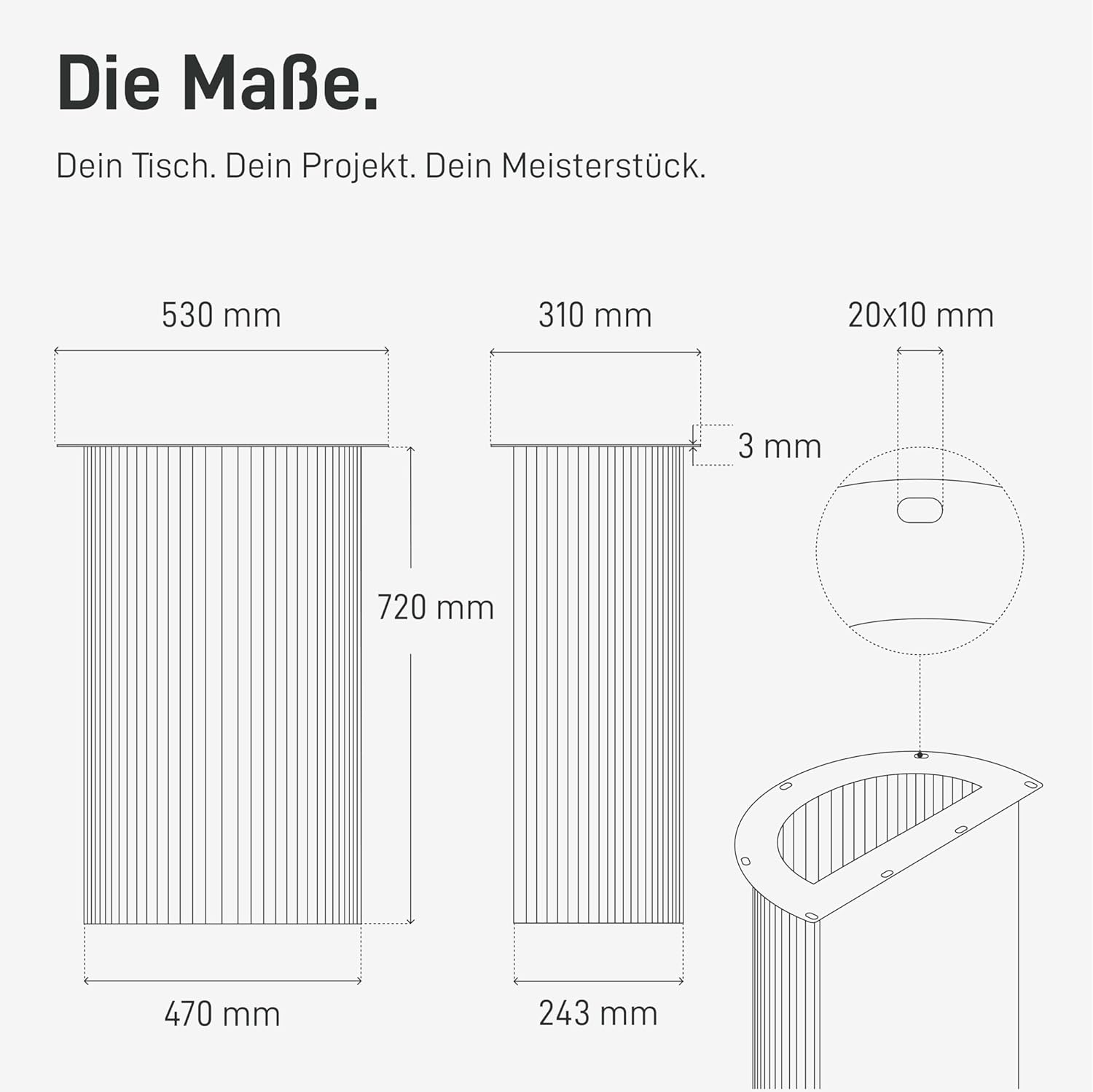 Natural Goods Berlin Tischsäule Semicircle Wavy Tischbein Metall Schwarz 72 cm hoch - Japandi Stil Lamellen-Optik - Tischgestell für Esstisch - Halbkreis Tischfuß - Tischuntergestell für DIY Tisch