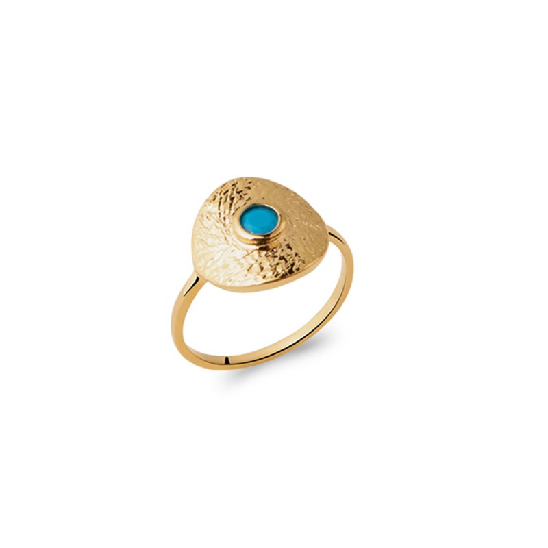 Bague pour femme KENZA en plaqué or jaune martelé ornée d'une pierre bleue- Bijoux Privés Discovery