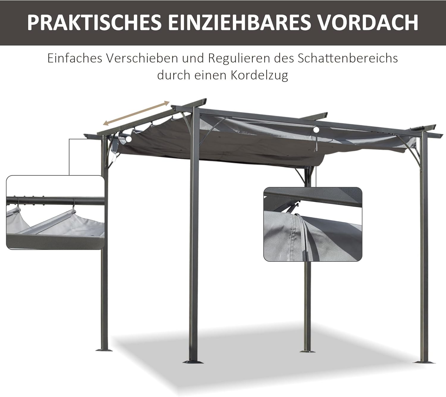 Outsunny Pergola Wasserdichter Pavillon 3 x 3 m Terrassenüberdachung mit Schiebedach, UV-Schutz für Garten Metall Schwarz+Grau