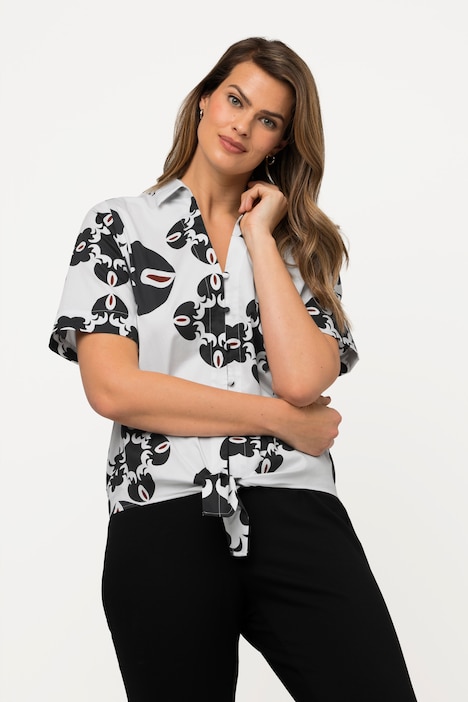 Bluse, grafischer Druck, Saumknoten, Hemdkragen, Halbarm