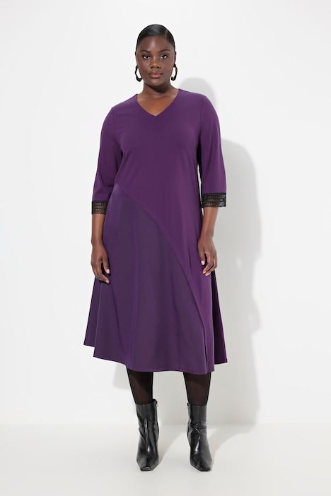 Punto-Kleid, A-Linie, Tafteinsatz, V-Ausschnitt, 3/4-Arm