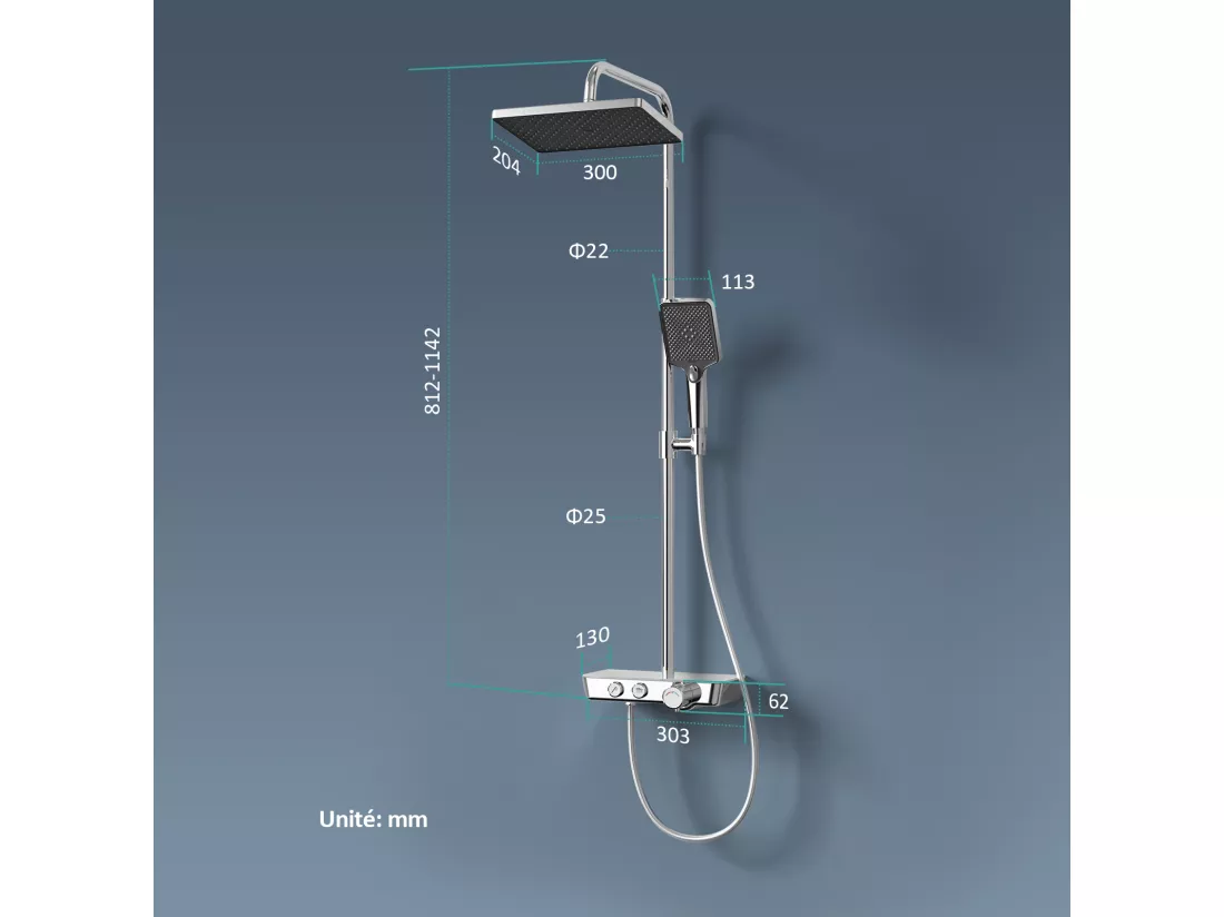 EMKE Colonne de douche thermostat, douchette à 3 puissances de jet, jet cascade, set de douche avec étagère en verre, Certification KTW, Chrome