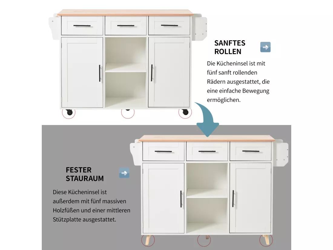Ilot central de cuisine mobile avec 2 portes et 3 tiroirs - plateau extensible - 129x46/71x91,5 cm - Bois MDF + métal - Blanc + naturel