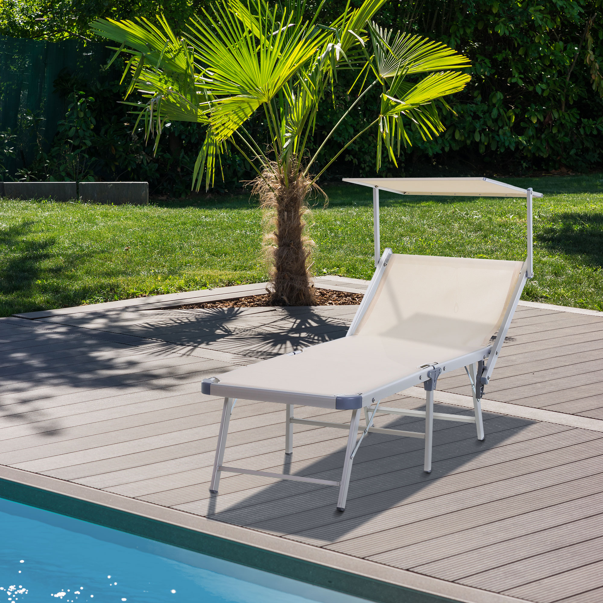 Espreguiçadeira dobrável e reclinável Outsunny em alumínio com cobertura integrada para piscina, jardim, terraço e uso externo, capacidade de carga de 120 kg, 169 x 72 x 50/70 cm, bege.