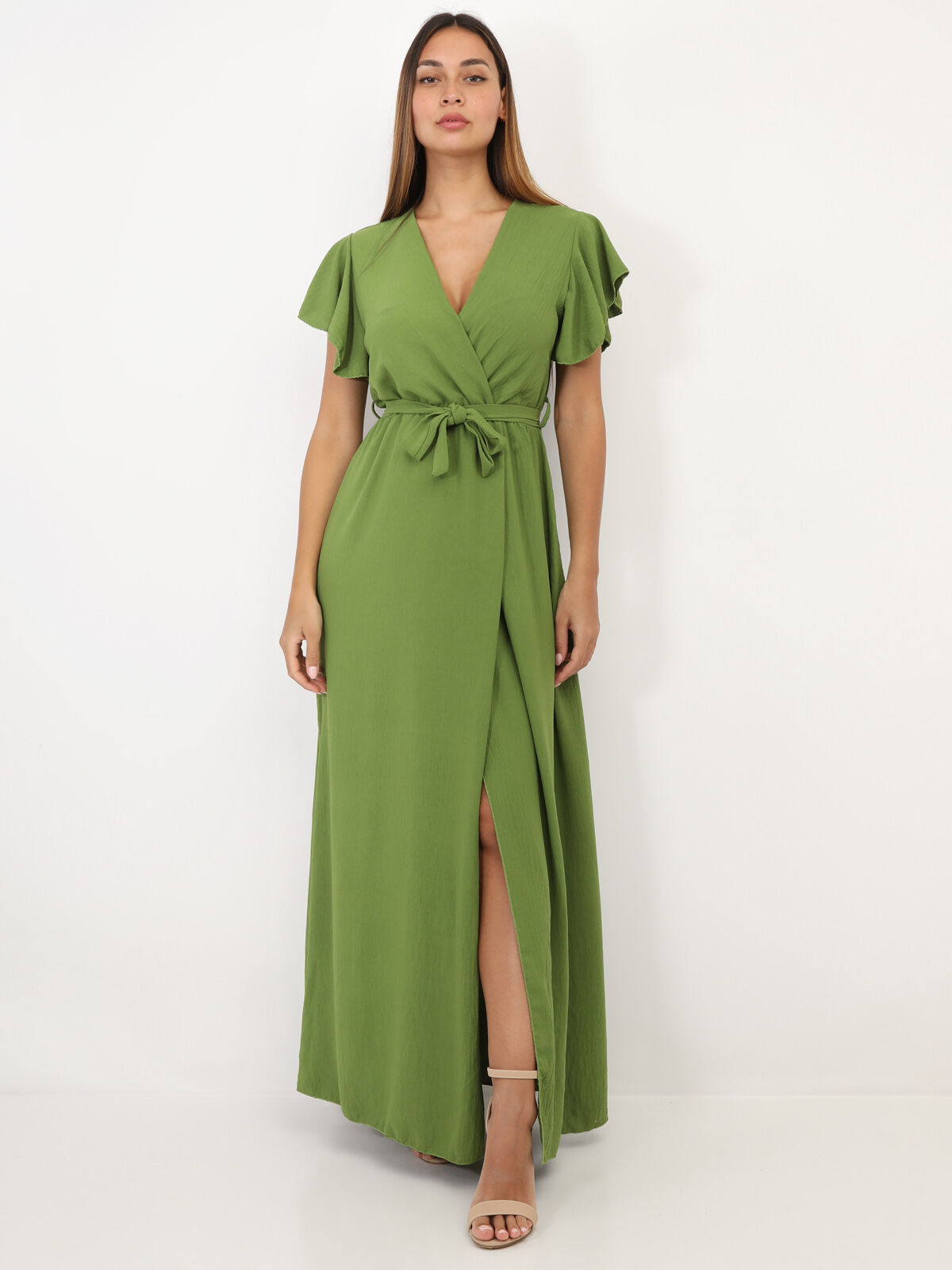 Robe longue fendue à col cache coeur- Vert olive