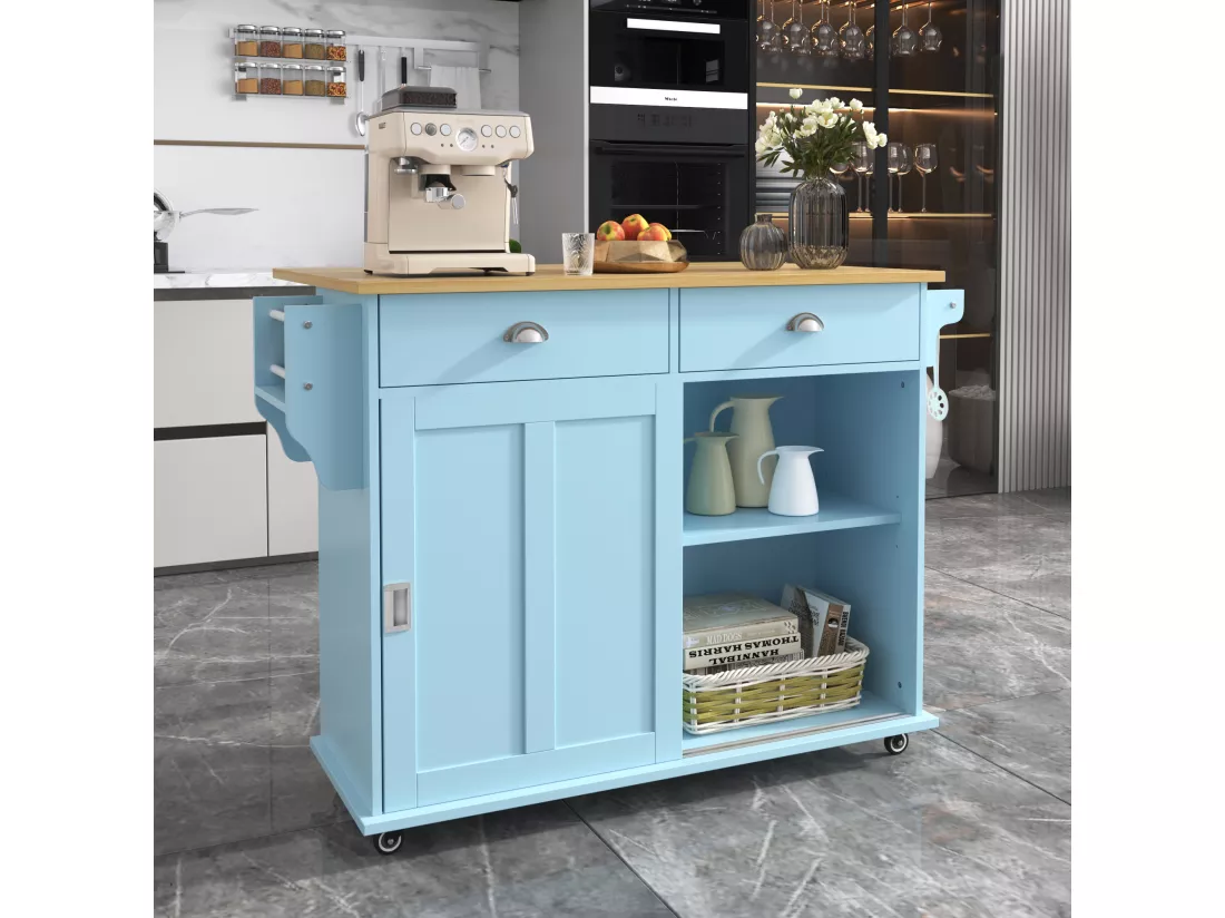 Ilot central de cuisine mobile avec 2 portes coulissantes - plateau extensible - 112x40(70)x94 cm - Bois MDF + métal - Bleu et bois