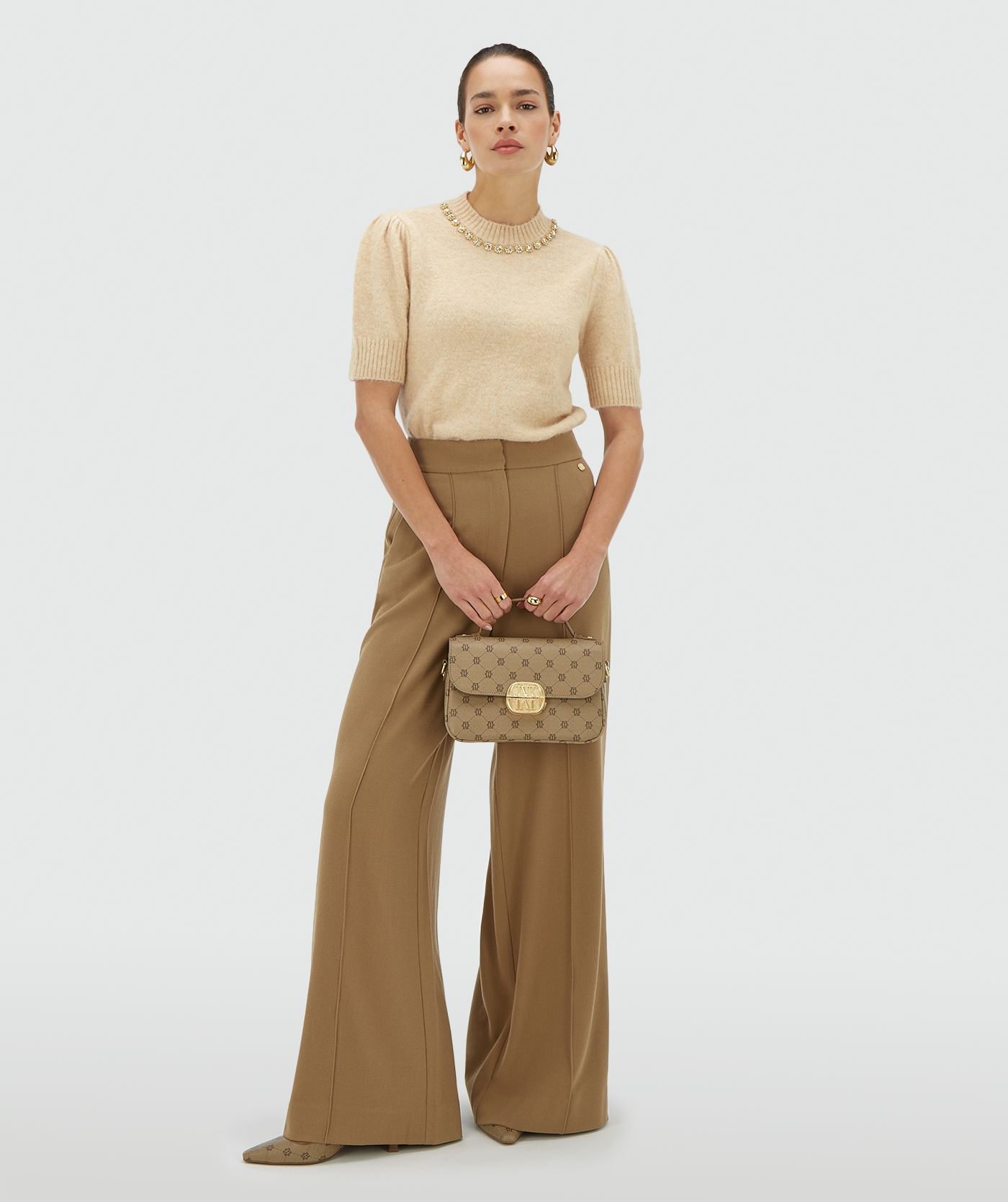 JV-FRANKA fitted top met merinowol - light beige melange
