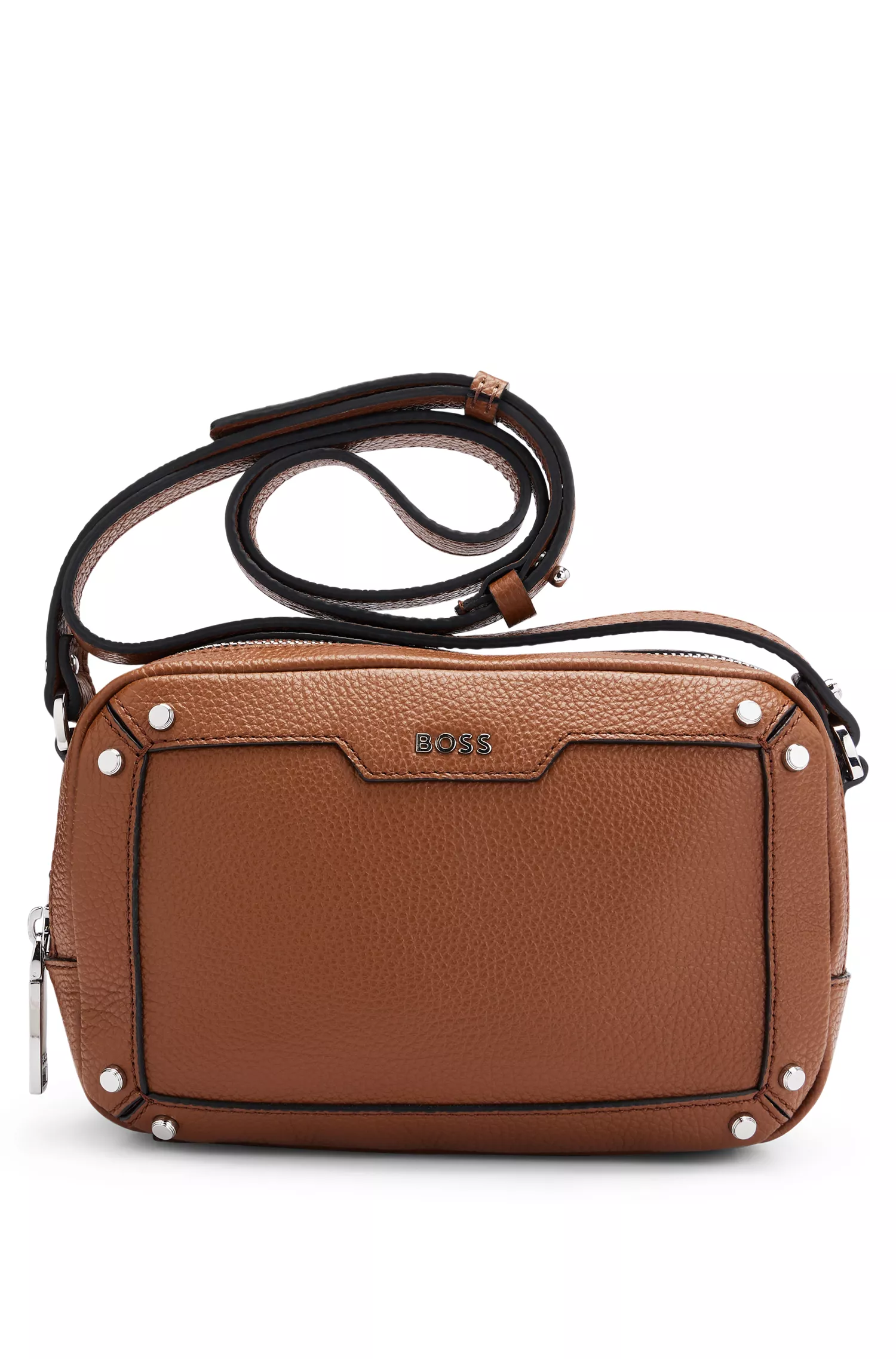 Bolsa transversal BOSS em couro granulado preto com detalhes da marca.
