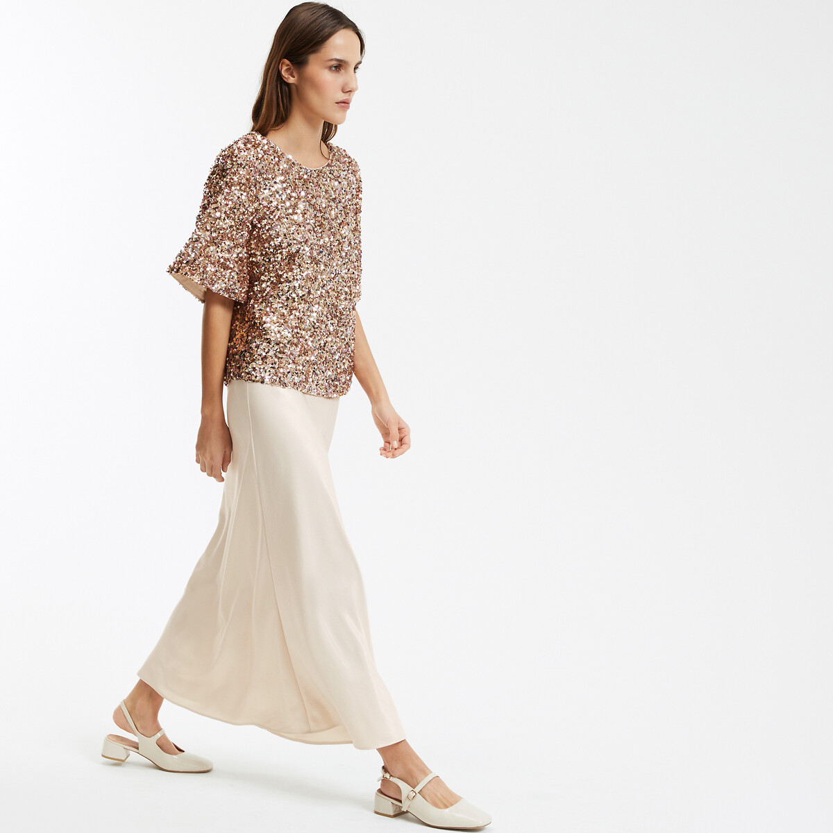 COLEÇÕES LA REDOUTE<br>Saia longa evasê em cetim iridescente, modelo Signature MARION