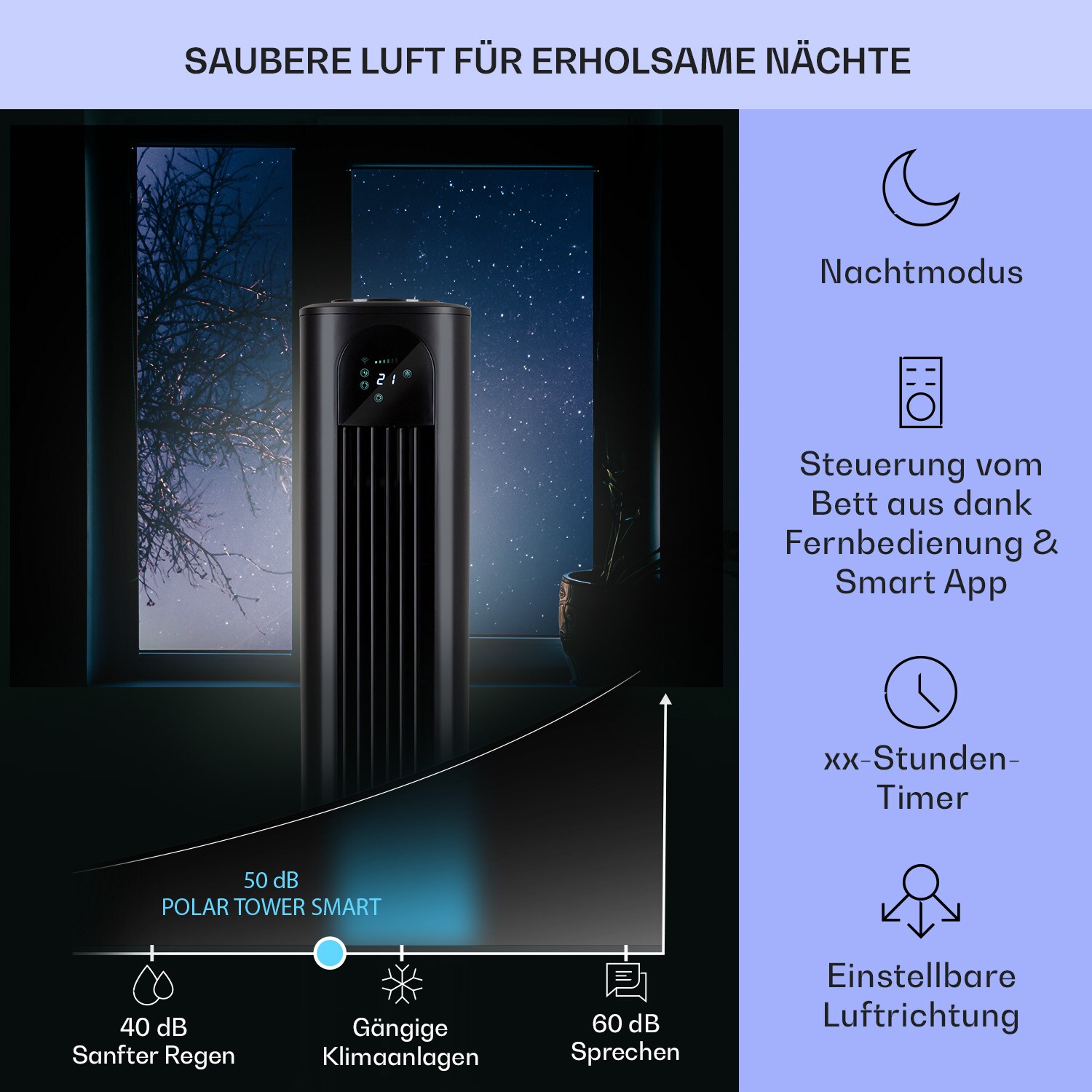 Polar Tower Smart Ventilator Luftkühler 7L 85W Fernbedienung Eispack Schwarz