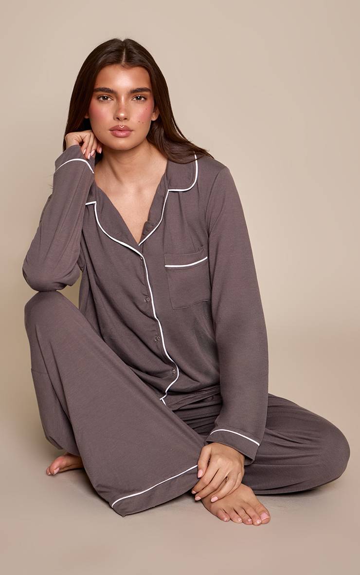 Charbon Ensemble Pyjama Haut Manches Longues Et Pantalon En Jersey Doux Avec Passepoil