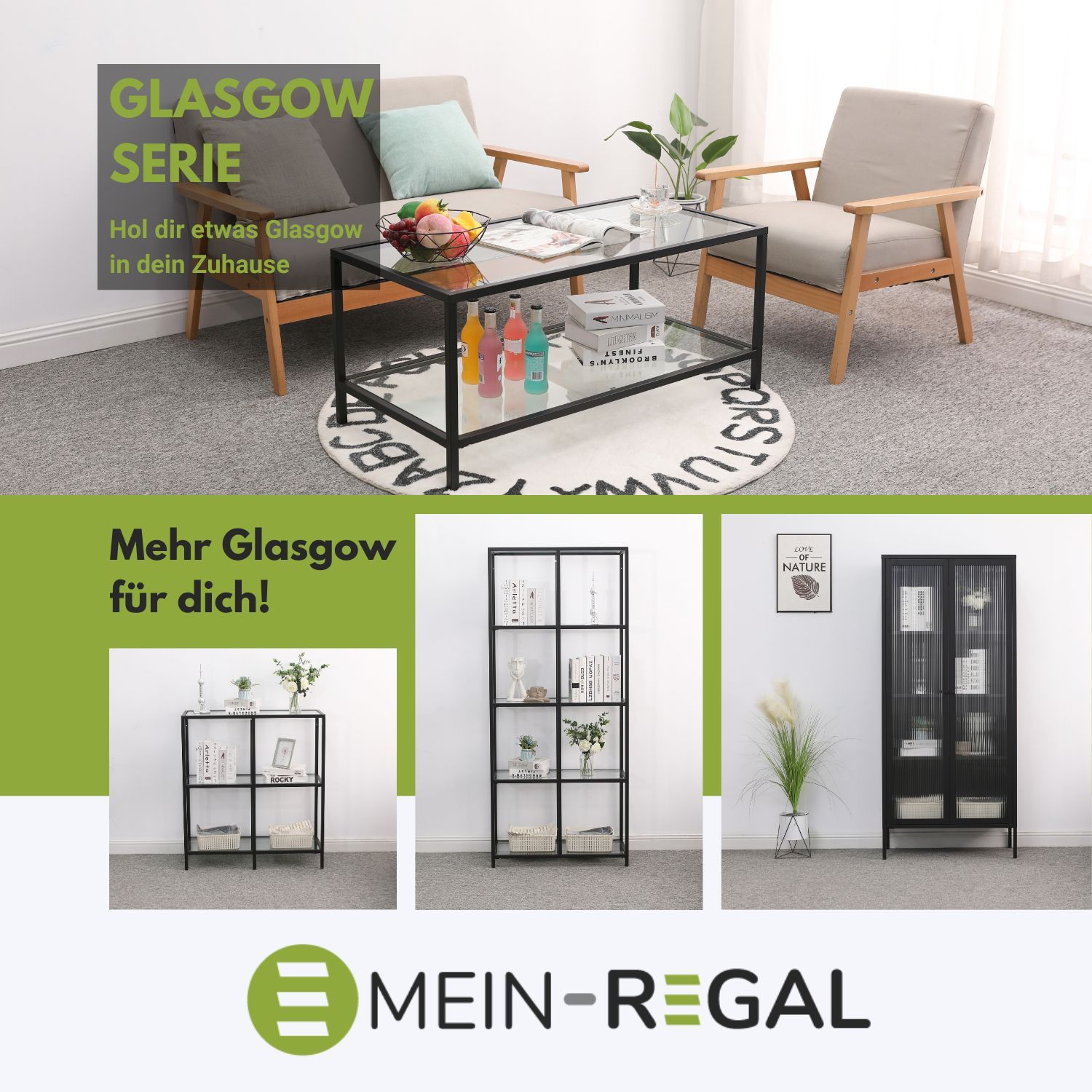 Mein-Regal Regal Glasgow 90x35x100cm aus Metall Glaseinlegeboden 2 Etagen schwarz