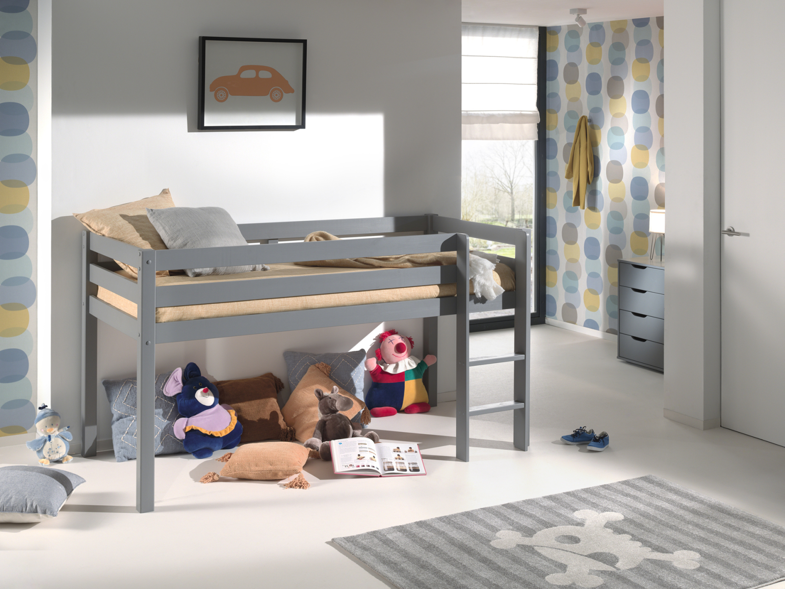 Hochbett PINO - grau - Kiefer massiv - 90x200 cm