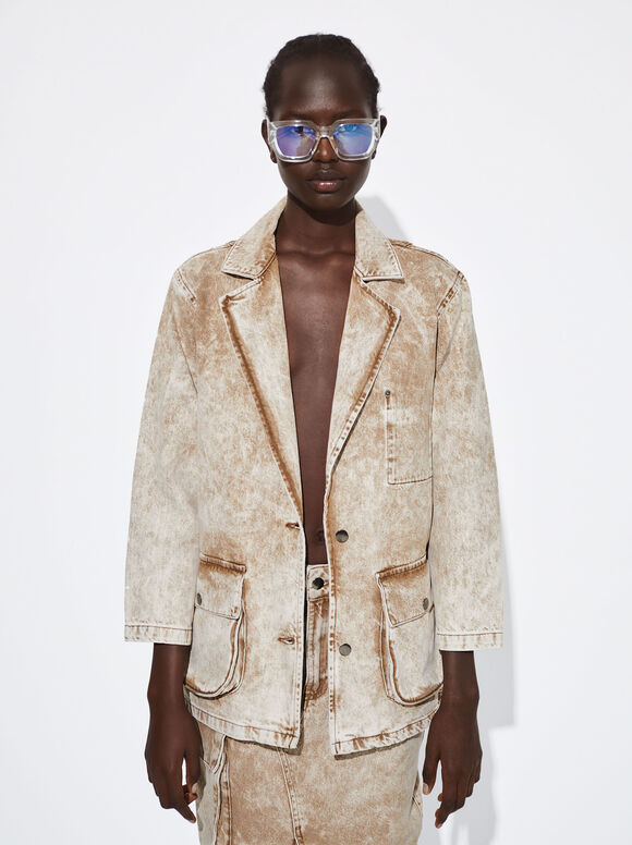 Blazer oversized em jeans lavado - Camel