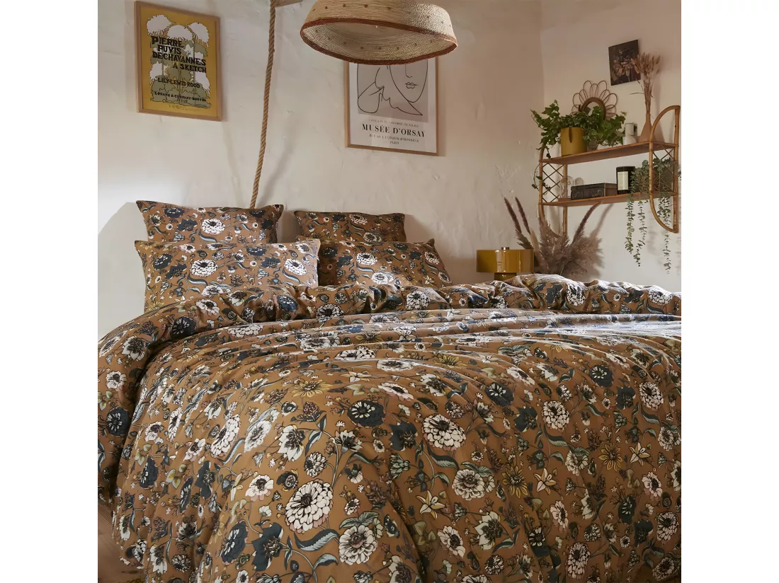 OXALIS - Housse de Couette 200x200cm Gaze de Coton Motifs Fleurs