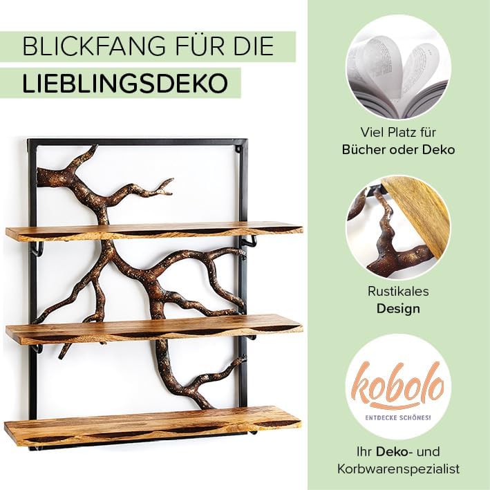 Kobolo Wandregal Hängeregal Bücherregal -AST Zweig- 3 Böden - 59x20x66 cm - aus Eisen und Holz