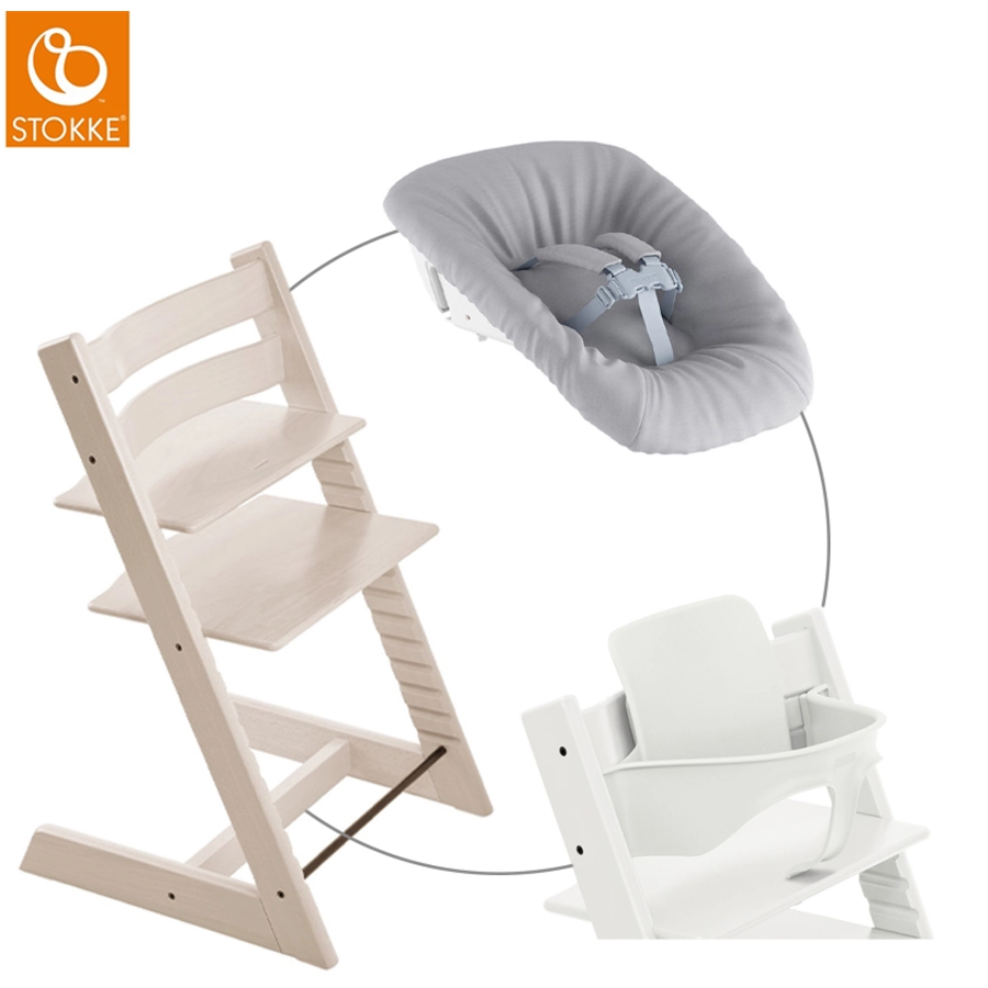 STOKKE® Mega Tripp Trapp® Set Hochstuhl Buche Whitewash inkl. Newborn Set™ Grey und Baby Set weiß